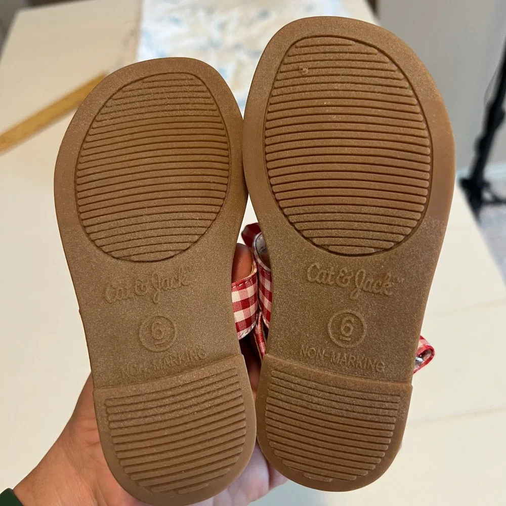 Cat & Jack Toddler Girls Red Gingham Bow Sandals Size 6 Hook Loop Strap